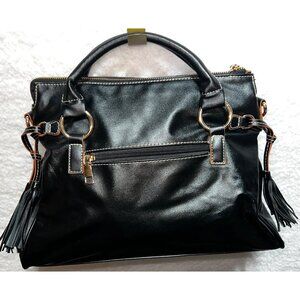 Black Leather Handbag w Gold Hardware & Tassel Accents Red Interior Pockets